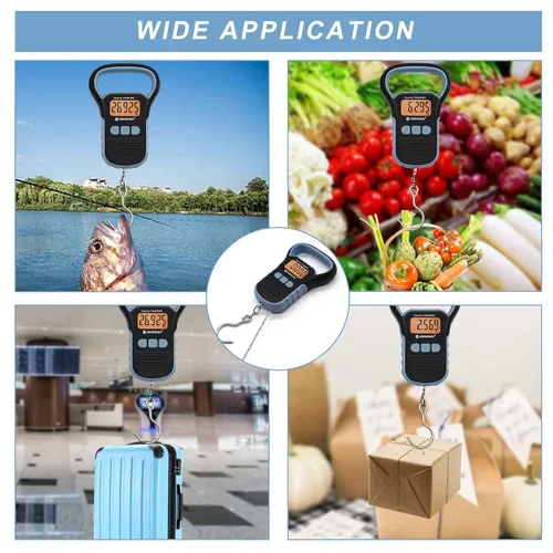 Miniatura 7 de Báscula de pesca impermeable con pinza de labio, báscula de equipaje colgante postal de 110 libras con gancho, báscula de mano digital con cinta