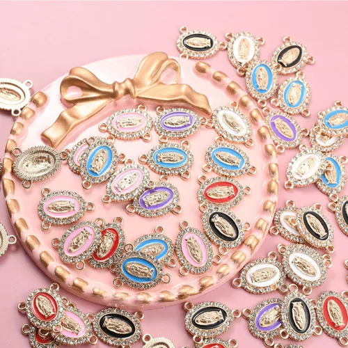 Miniatura 3 de 60 piezas de centro de mesa de rosario de 3 vías de color mixto, medalla de eslabones de Virgen María, diamantes de imitación de aleación esmaltada