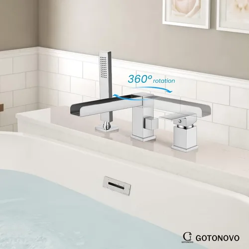 Miniatura 7 de gotonovo Grifo de bañera romano con ducha de mano, 3 agujeros, montaje en cubierta, juego de grifo de bañera de una sola manija generalizado