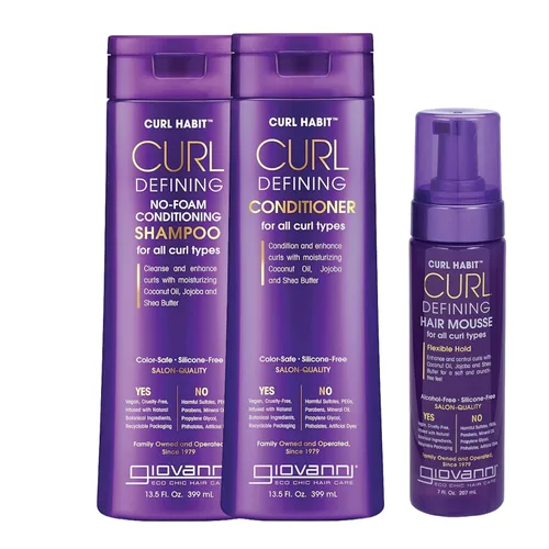 GIOVANNI Curl Habit Trio - Curly Hair Shampoo, Conditioner, & Mousse, Foaming Texture for Curls & Wavy Hair, Enhance Curls with Coconut Oil, Jojoba
