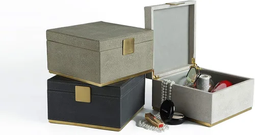 Miniatura 7 de Ivory Shagreen - Organizador decorativo cuadrado para decoración del hogar, joyero de almacenamiento de piel sintética, accesorios para hombres