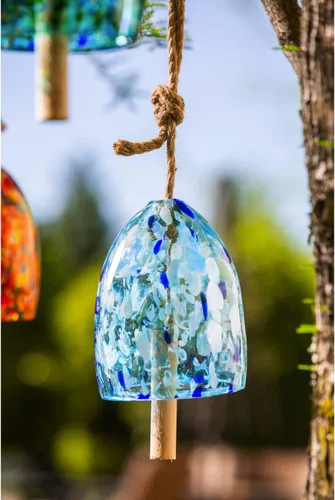 Miniatura 5 de Evergreen Garden Carillón de viento de vidrio de arte colorido Azul claro Percutor de madera maciza Tono profundo natural 8 pulgadas de alto