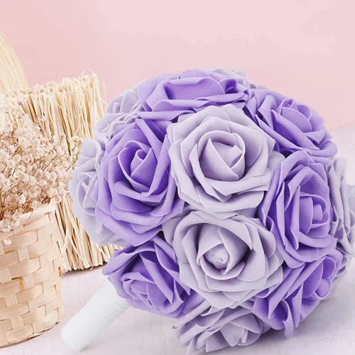 Miniatura 6 de Higfra Flores artificiales, 25 unidades, rosas falsas de espuma de color lila de aspecto real con tallos para ramos de boda, centros de mesa