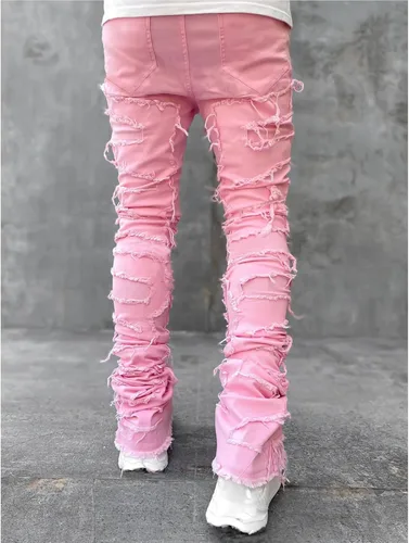 Miniatura 2 de Jeans apilados para hombre, ajustados, rasgados, elásticos, desgastados, rectos, pantalones de mezclilla estilo hip hop, ropa de calle