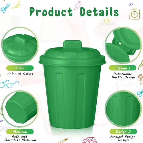 Miniatura 3 de Zubebe 24 mini botes de basura de juguete, pequeño cubo de basura de escritorio con tapas para basura, recuerdo de fiesta, camión de basura, 2-Verde