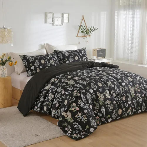 Miniatura 3 de Juego de edredón floral tamaño Twin, edredón negro estampado de hojas de flores botánicas amarillas y verdes para niños, adolescentes y mujeres