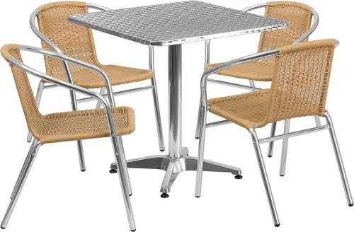 Flash Furniture Lila - Juego de mesa cuadrada de aluminio para interiores y exteriores de 27.5 pulgadas con 4 sillas de ratán beige