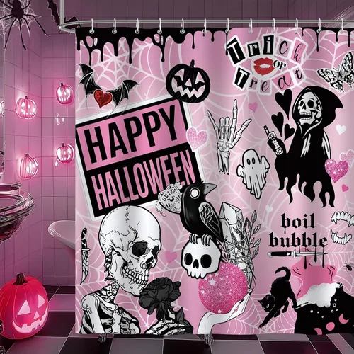 Miniatura 2 de Bonhause Cortina de ducha rosa de Halloween, divertido esqueleto aterrador, murciélago, decoración de baño gótica, 72 x 72 pulgadas, tela