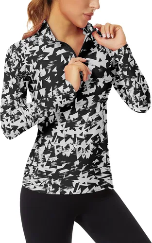 WOWENY Camiseta deportiva de manga larga para mujer, con cremallera de un cuarto, cuello para entrenamiento, camiseta de tenis con estampado