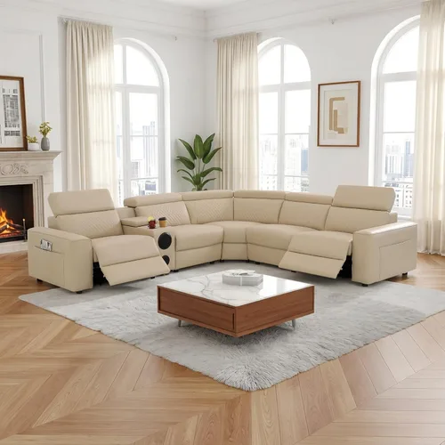Miniatura 12 de Breathing Leather Sectional Sofa with Dual Power Recliner, 6 Seater L Shaped Reclining Couch for Living Room, Sectional Couch with Reading Lamp/USB