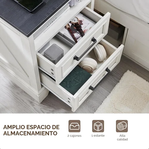 Miniatura 6 de ACCOHOHO Mesita de noche de 18" estilo granja con estación de carga, mesa auxiliar con 2 cajones de almacenamiento, mesa de cabecera, mueble