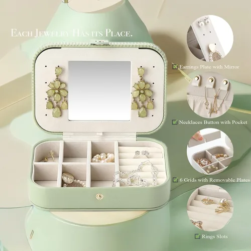 Miniatura 4 de Vlando Pequeño organizador de joyas de viaje, estuche de almacenamiento de piel sintética para collares, aretes, anillos, tejido verde