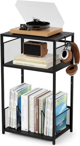 Aduanbang Mesa auxiliar de 3 niveles, soporte para tocadiscos con almacenamiento de hasta 100 álbumes, soporte giratorio para vinilo, estante de
