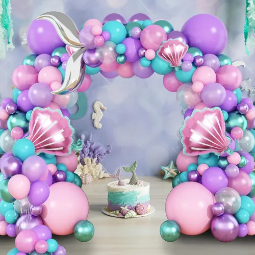 Miniatura 5 de Kit de Guirnalda de Arco de Globos de Sirena, Guirnalda de Cola de Sirena con Globos de Látex Metálico en Rosa Pastel, Morado, Verde y Turquesa