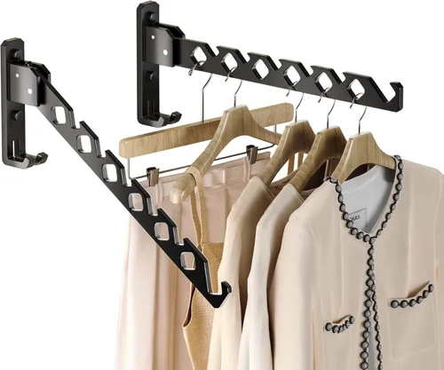 Dr.DJ Soporte para colgar abrigos de pared, organizador de secado de ropa negra, ganchos de aluminio, retráctiles, plegables, para interiores, para