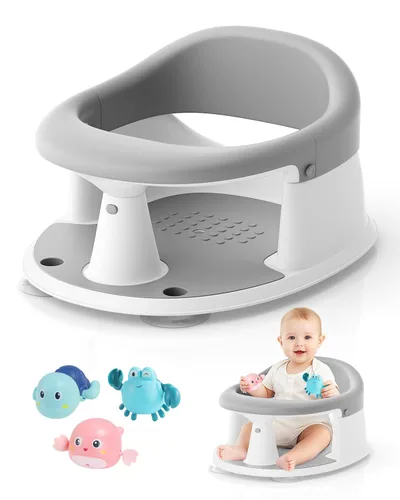 Asiento de baño para bebés de 6 meses en adelante, asientos de baño para bebés sentados, 3 juguetes de baño para bebés, diseño abierto, Gris