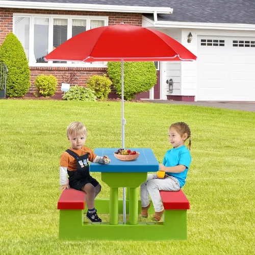 Miniatura 6 de Costzon Mesa de picnic para niños, mesa y banco para interiores y exteriores con paraguas extraíble, mesa de picnic portátil para niños pequeños