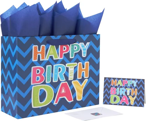 Qirrmiy Juego de bolsa de regalo azul grande de 13 pulgadas con tarjeta de felicitación y papel de seda blanco (lámina láser 'Happy Birthday') para