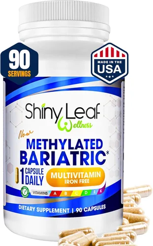 Shiny Leaf Multivitamínico bariátrico metilado sin hierro - Vitaminas para bypass gástrico y manga, 1 cápsula diaria W Folato metilado, B12, A, C,