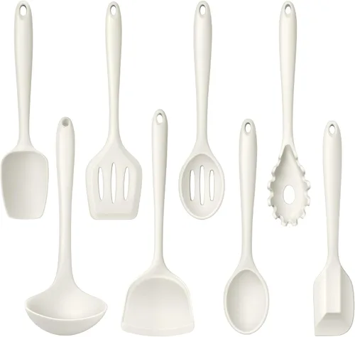 LIANYU Juego de 8 utensilios de cocina de silicona, resistentes al calor, utensilios de cocina antiadherentes con espátula, cuchara, afinador, Blanco