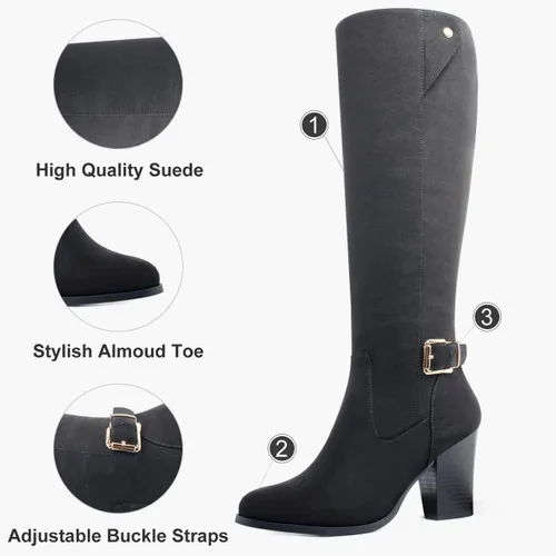 Miniatura 4 de DCMBLY Botas altas hasta la rodilla para mujer, tacón grueso, puntera completa, con cremallera lateral completa
