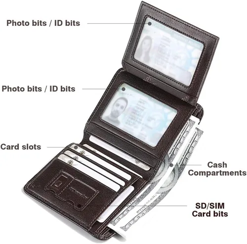 Miniatura 65 de Billetera de piel triple con bloqueo RFID para hombre con 2 ventanas de identificación, 2 compartimentos para efectivo, 6-8 ranuras para tarjetas