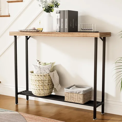 Miniatura 4 de Acovy Mesa consola industrial de madera maciza, mesa de entrada de 2 niveles con estantes de almacenamiento, mesa de sofá estrecha para sala