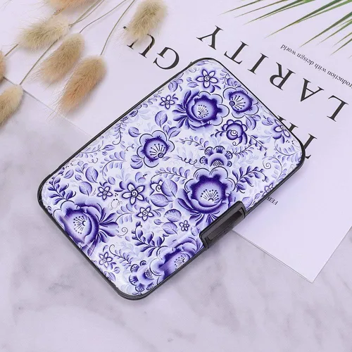 Miniatura 28 de ELFISH Mini cartera de aluminio RFID para tarjetas de crédito, funda de identificación de metal para hombres y mujeres, Happy Flower, Cartera Rfid