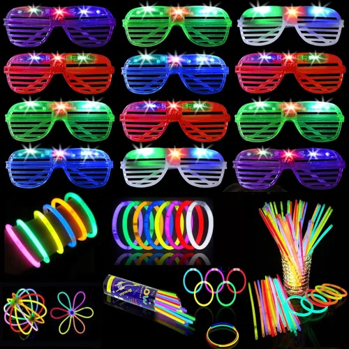 62 piezas de luz LED para fiesta, 12 lentes brillantes con 50 varillas brillantes, collares, pulseras con luz a granel, juguetes para Navidad,