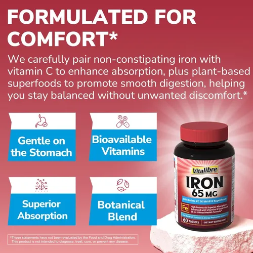 Miniatura 7 de Vitalibre Suplemento de hierro para mujeres y hombres, 65 mg, sulfato ferroso, vitamina C, D3, B6, B12, folato, raíz de remolacha, espinacas