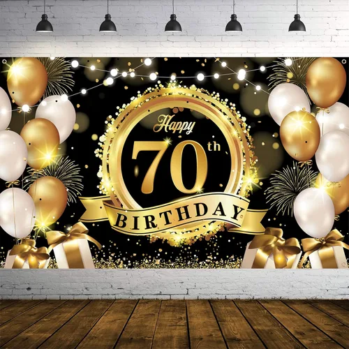 Cartel de fondo para decoración de cumpleaños número 70, color negro y dorado, extra grande, cartel de cumpleaños, fondo de fotografía, suministros