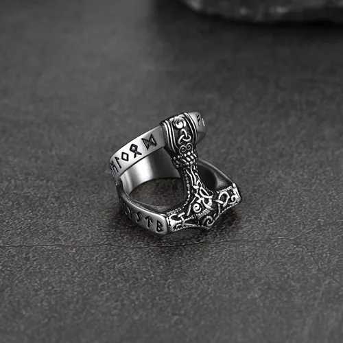 Miniatura 8 de FaithHeart Norse Viking Jewelry - Anillo de acero inoxidable de guerrero para hombre con diseño vikingo de cabeza de lobomartillo de Thor