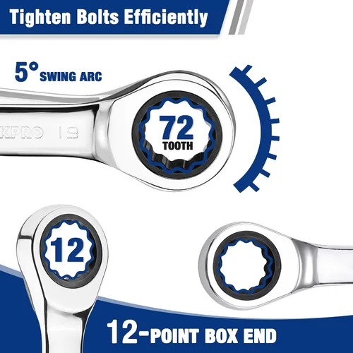 Miniatura 4 de WORKPRO Juego de 12 llaves de trinquete rechonchas, métricas de 0.315-0.748 in, 72 dientes, acero Cr-V, juego de llaves combinadas de trinquete