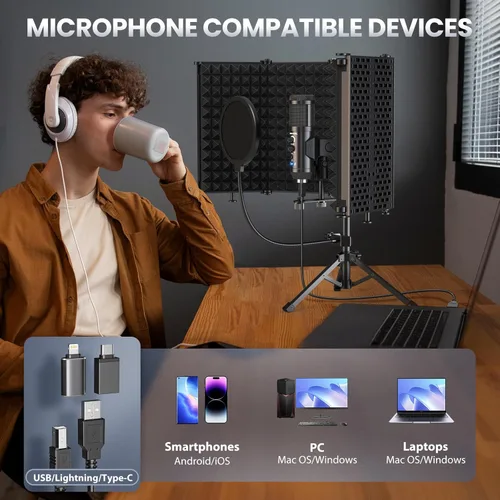 Miniatura 5 de Escudo de aislamiento de micrófono de grabación de estudio con filtro pop y kit de tres soportes, grabación de música, micrófonos de condensador USB