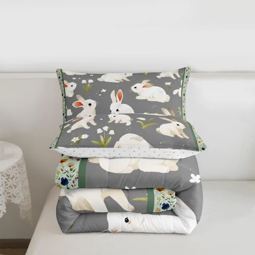 Miniatura 3 de Feelyou Juego de ropa de cama de conejo para niños, tamaño individual, juego de edredón de conejo para niñas y mujeres, edredón de plumón verde