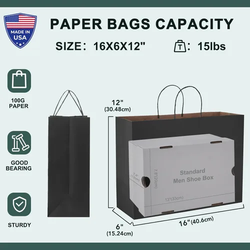 Miniatura 2 de METRONIC Paquete de 100 bolsas de regalo grandes de papel negro de 16X6X12, bolsa de compras kraft con asas para pequeñas empresas, boutique