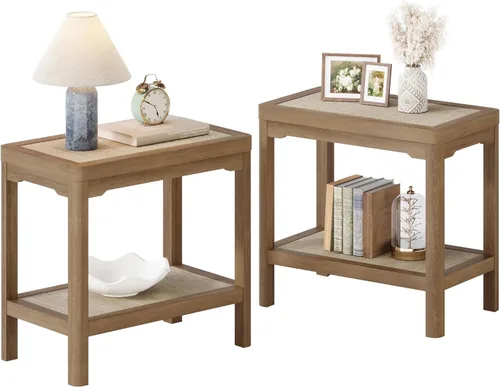 Miniatura 16 de Eclatara Mesitas de noche de ratán, mesa auxiliar de 2 niveles para dormitorio, mesa auxiliar de polígono decorativa para espacios pequeños, mesa