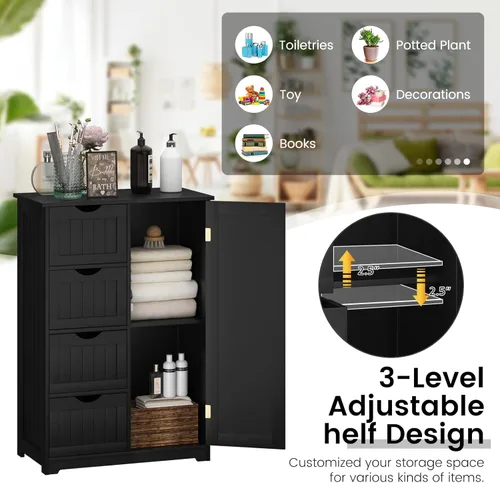 Miniatura 5 de COSTWAY Armario de almacenamiento de baño, organizador de almacenamiento de madera con 4 cajones profundos y estante ajustable, gabinete de piso