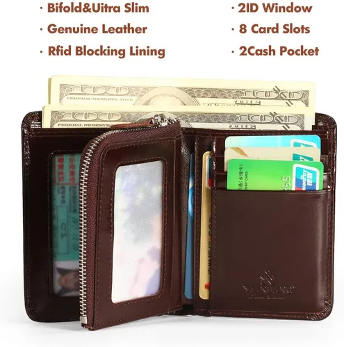 Miniatura 8 de Billetera para hombre con cremallera de cuero genuino RFID tarjeteros de piel de vaca con cremallera bolsillo para monedas, carteras plegables