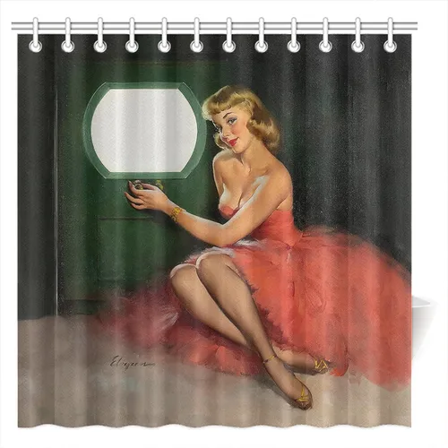 Miniatura 7 de FUNNY KIDS' HOME Cortinas de ducha retro con pin up para baño, pintura al óleo, arte de lienzo, decoración de baño, sexy dama bañándose