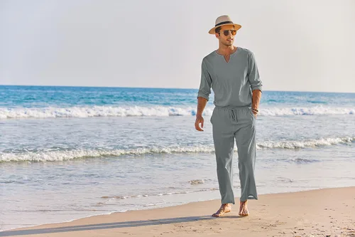 Miniatura 8 de COOFANDY Conjunto de 2 piezas de algodón y lino para hombre, camisa Henley de manga larga y pantalones casuales de playa, trajes de yoga de verano
