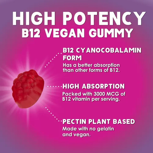 Miniatura 3 de Gomitas energéticas de vitamina B12, 3000 mcg por porción extra fuerte B 12 gomita para metabolismo, apoyo inmunológico, suplementos dietéticos