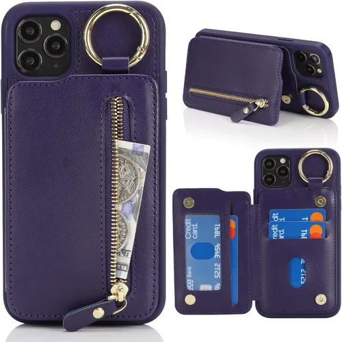 Miniatura 13 de Havaya Funda para iPhone 11 Pro Max con tarjetero y llavero, soporte de cuero, a prueba de golpes, con ranuras para tarjetas de crédito, cremallera