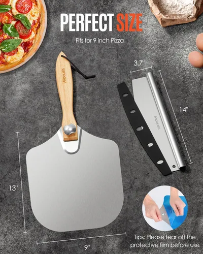 Miniatura 5 de Pala de Pizza de Aluminio, Espátula de Pizza de Metal de 9 pulgadas (13" x 9") con Cortador Basculante, Mango de Madera Plegable