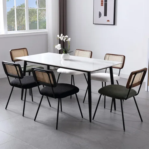 Miniatura 7 de Juego de 2 sillas de comedor de ratán, sillas de comedor de caña tapizadas de sherpa negro con respaldo de ratán, sillas de comedor tejidas