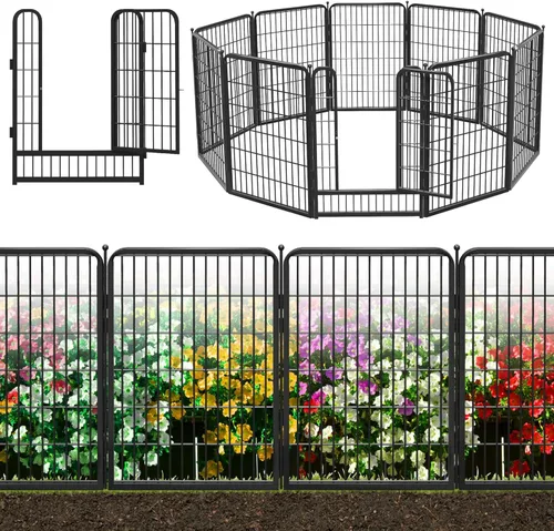 Miniatura 10 de Valla decorativa de metal negro para jardín con puerta, 82 pies de largo, 32 pulgadas de alto, 36 paneles de valla sin excavación, valla de barrera