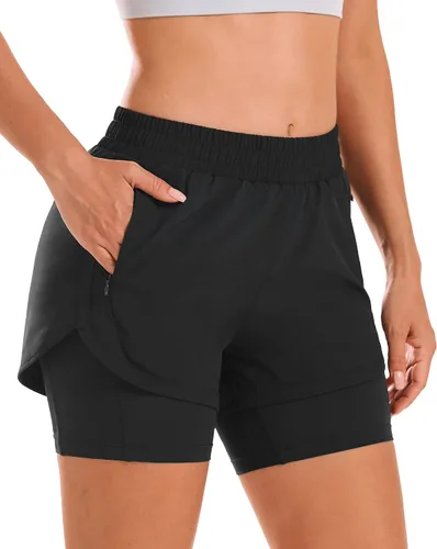 Stelle Pantalones cortos de correr 2 en 1 para mujer, pantalones cortos deportivos de cintura alta, pantalones cortos de entrenamiento con forro y