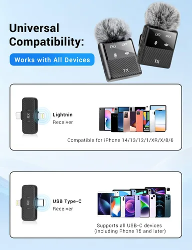 Miniatura 6 de Mini micrófono inalámbrico Lavalier para iPhone, iPad, teléfono Android, reducción de ruido, clip magnético Plug and Play, micrófono de solapa