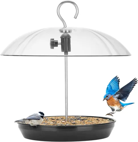 Comedero para pájaros Kingsyard ajustable con plataforma para colgar al aire libre, comedero de bandeja de metal con parte superior abombada, atrae