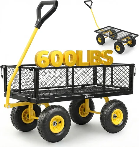 Sekey Carrito de jardín de malla de acero de 600 libras para patio y patio trasero, carro utilitario con lados extraíbles (cama plana convertible),